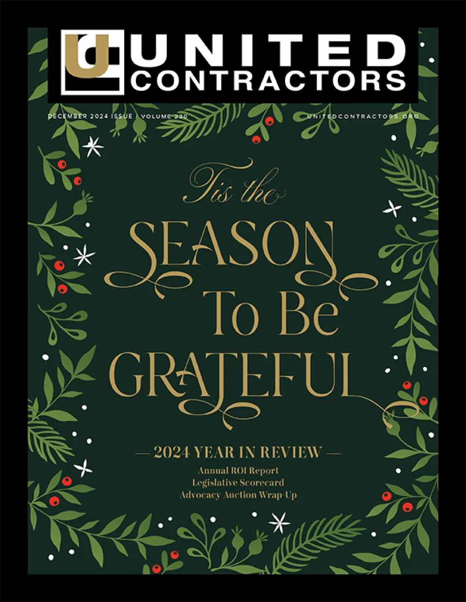 UCON magazine cover in a deep green with festive border, text 'Season to Be Grateful' in the middle