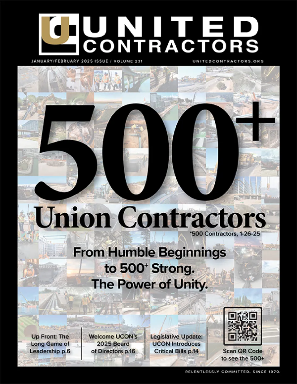 UCON magazine cover featuring a collage of contractor photos, with text 500+ Union Contractors
